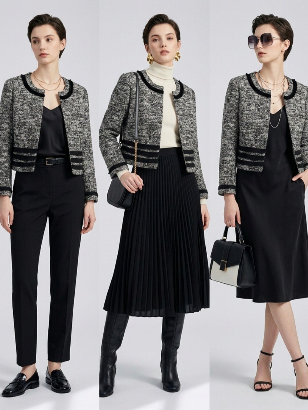 Karl Lagerfeld Black and Gray Tweed Cropped Blazer
